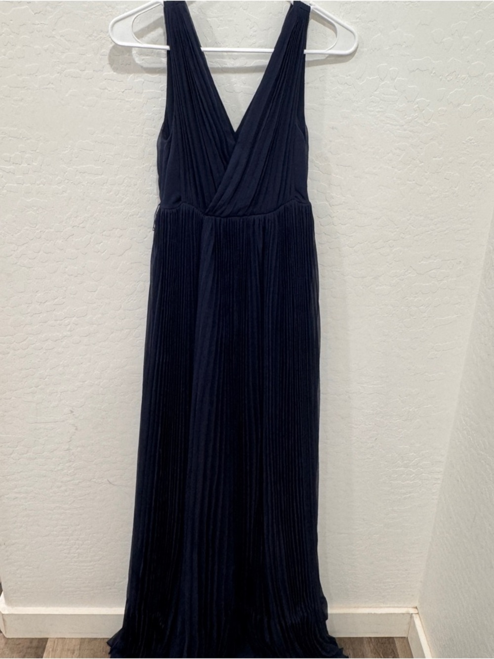 Rebecca Taylor Navy Crinkle Chiffon Pleated V-Neck Maxi Dress Gown Womens 0